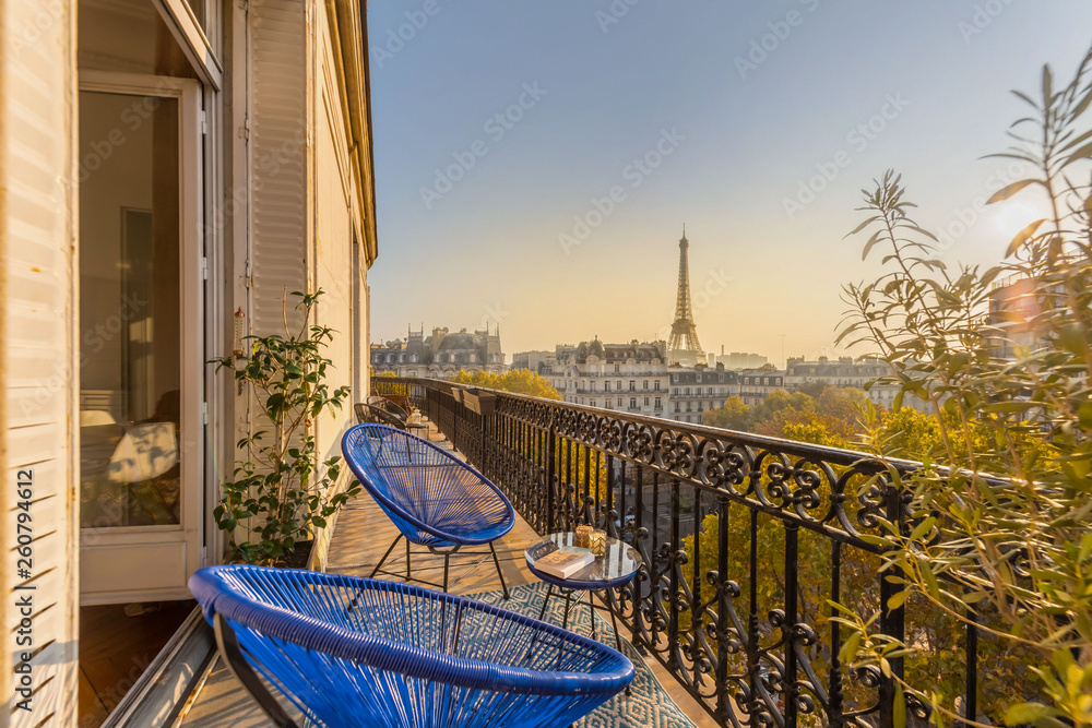 beautiful paris balcony at sunset with eiffel tower view  - obrazy, fototapety, plakaty 