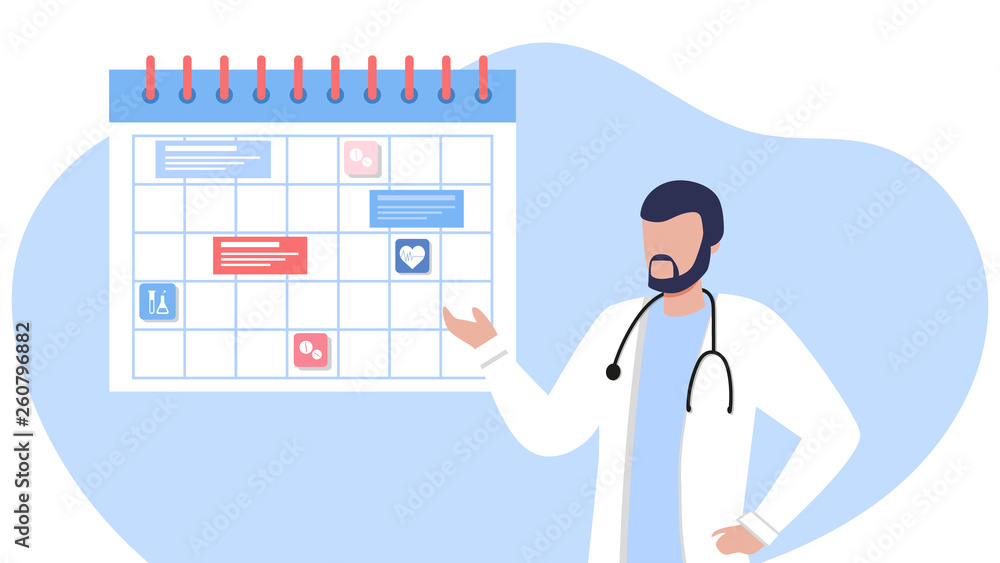 Friendly male doctor near the calendar. work schedule, make an appointment online. Vector illustration for banner, landing page - obrazy, fototapety, plakaty 