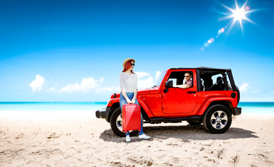 Poster - Red summer car on beach and two lovers. Two people and summer background of beach. 