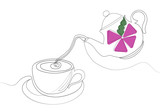 Fototapeta Dinusie - Tea party. One line drawing. Vector illustration.