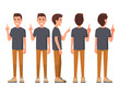 © bukavik - Vector illustration of smiling men in casual clothes pointing with hand and finger to the side. Cartoon realistic people set. Flat young man. Front view man, Side view, Back side view man, Isometric