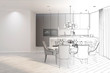 © gamespirit - 3d illustration. Sketch of modern dining room turns into a real interior