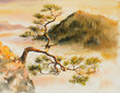 Famous curved pine tree on the top of Sokolica peak in Pieniny, Poland. Picture created with watercolors.
