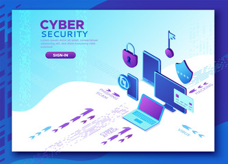 Cyber security 3d isometric vector illustration, data protection concept, firewall attack, phishing scam, information safety , laptop, computer, bank card