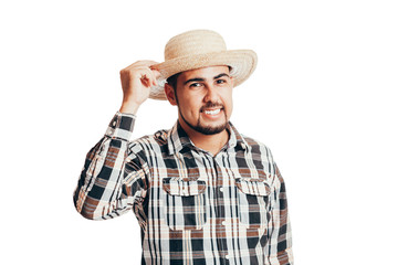 Wall Mural - Brazilian man wearing traditional clothes for Festa Junina - June festival - isolated on white background