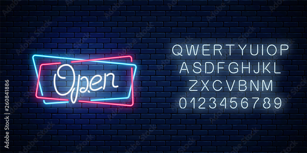 Neon open hand drawn sign in geometric shapes with alphabet. Round the clock working bar and nightclub signboard - obrazy, fototapety, plakaty 