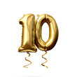 Number 10 gold foil helium balloon isolated on a white background. 3D Render