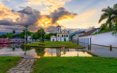 Fototapete - Historical center of Paraty at sunset, Rio de Janeiro, Brazil. Paraty is a preserved Portuguese colonial and Brazilian Imperial municipality