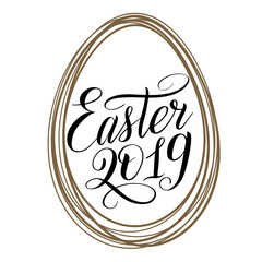 Easter 2019. Black cursive in golden egg shaped frame. Holiday script lettering. Design element. Calligraphic hand written inscription. Vector illustration.