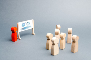 A person holds a presentation to a crowd of people at a briefing, discussion of the business strategy, development of the company. Analysis of the results, information market analysis. Selective focus