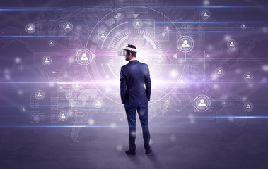 manager with vr headset and social network research concept