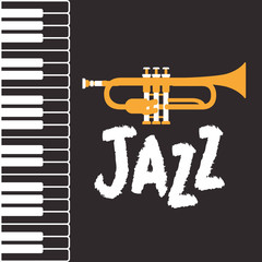 jazz day poster with piano keyboard and trumpet