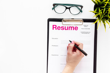 Poster - Looking for work concept with cv on desk near glasses white background top view mock up