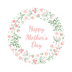  Happy Mother's Day greeting card with a wreath of multicolored flowers with golden leaves