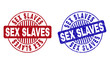 Grunge SEX SLAVES round stamp seals isolated on a white background. Round seals with grunge texture in red and blue colors. Vector rubber overlay of SEX SLAVES title inside circle form with stripes.
