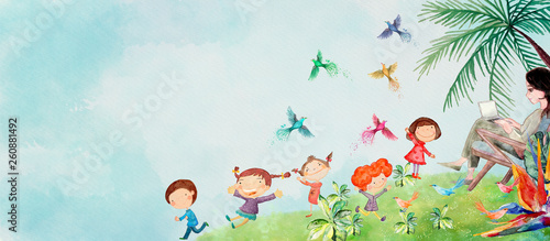 Naklejki do przedszkola happy-children-with-mother-watercolor-background