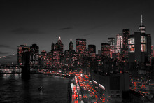 New York City Black And White Night Skyline With Red Lights Glowing In Downtown Manhattan