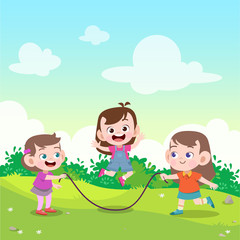 Wall Mural - kids play jump rope in the garden vector illustration