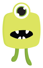 Yellow And Green Monster With One Eye And Open Mouth Illustration Print Vector On White Background