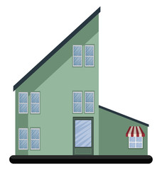 Canvas Print - Cartoon green building with blue roof vector illustartion on white background