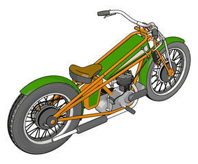 Canvas Print - 3D vector illustration of a green and yellow  vintage chopper motorcycle white background