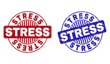 Grunge STRESS Round Stamp Seals Isolated On A White Background. Round Seals With Grunge Texture In Red And Blue Colors. Vector Rubber Overlay Of STRESS Caption Inside Circle Form With Stripes.
