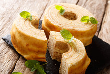German for tree cake, Baumkuchen is sometimes also known as pyramid cake, or spit cake close-up. horizontal