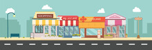City Street And Store Buildings Vector Illustration, A Flat Style Design.Business Storefront In Urban.Public Store On Main Street.Urban Scene In Midday