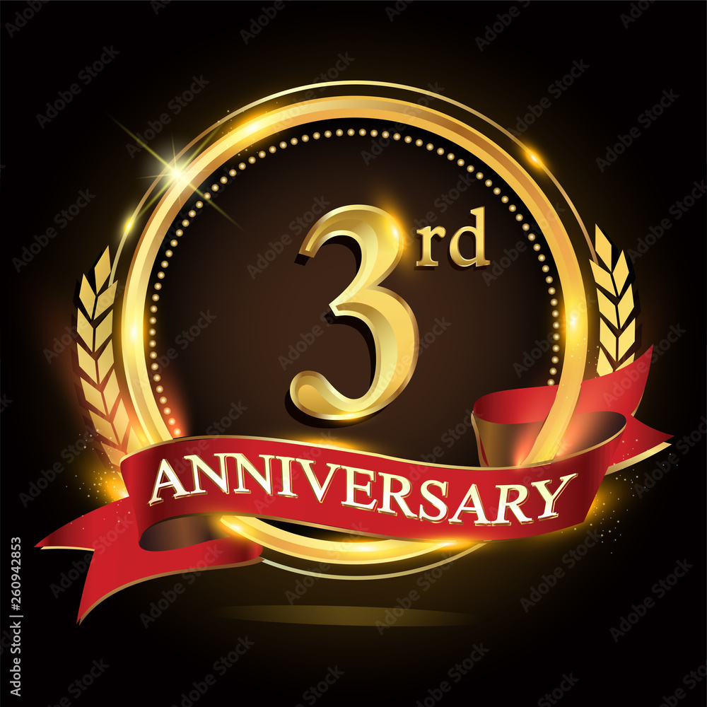 3rd golden anniversary logo, with shiny ring and red ribbon, laurel wreath  isolated on black background, vector design for birthday celebration. Stock  Vector | Adobe Stock, image size:1000x1000