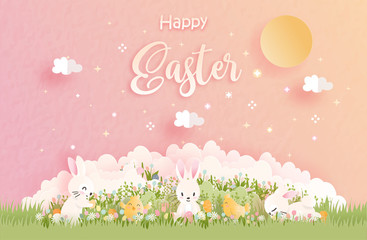 Wall Mural - Happy Easter in paper cut style vector illustration.