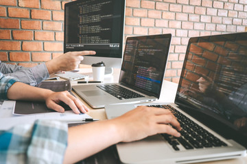 Wall Mural - professional developer programmer cooperation meeting and brainstorming and programming in website w