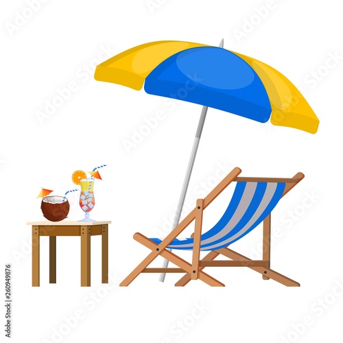 Wooden Beach Chair Vector  . Biue Beach Chair Isolated On White Background.