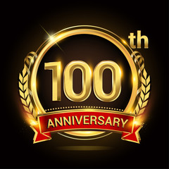 100th golden anniversary logo, with shiny ring and red ribbon, laurel wreath isolated on black background, vector design