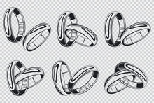 Wedding Rings Vector Black Silhouette Set. Engagement Jewelry Collection Isolated On Transparent Background.