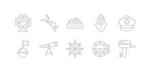 Simple Gray 10 Vector Icons Set Such As Boat Engine, Boat Porthole, Boat Steering Wheel, Telescope, Buoy, Captain Hat, Cargo Ship Front View. Editable Vector Icon Pack