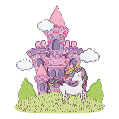 Poster - beautiful fairytale castle in the field with unicorn