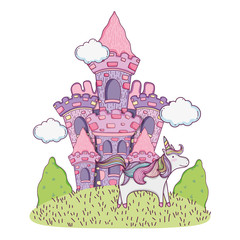 Poster - beautiful fairytale castle in the field with unicorn