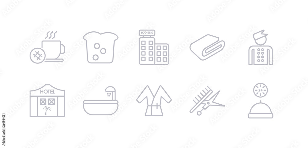 simple gray 10 vector icons set such as 24 service, barbershop, bathrobe, bathtub, beach hotel, bellboy, blanket. editable vector icon pack