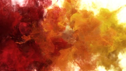 Red Orange Yellow Color Burst - Multiple colorful smoke powder explosion fluid ink particles slow motion alpha matte isolated on white