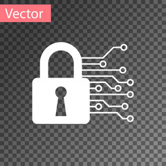 Wall Mural - White Cyber security icon isolated on transparent background. Closed padlock on digital circuit board. Safety concept. Digital data protection. Vector Illustration