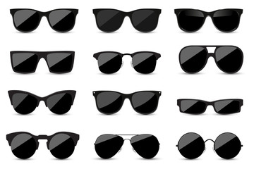 big set of fashionable black sunglasses on white background. black glasses isolated with shadow for 
