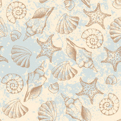 Poster - Blue waves pattern and hand draw in marine style.