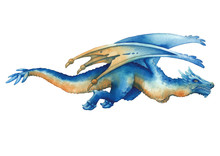 Flying Watercolor Dragon In Blue Colors In The Side View.