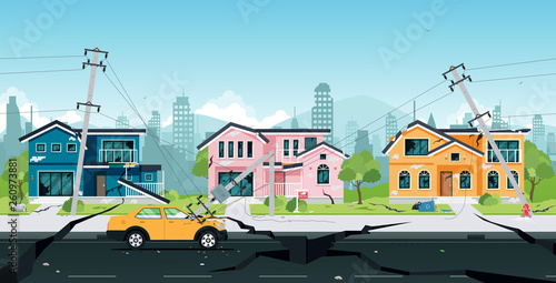 Cuadros en Lienzo Earthquake damage to houses and electric poles collided with cars