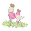 Mother and daughter standing holding hands. Vector illustration of mother and child  standing in the grass