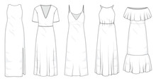 Set Of Summer Long Maxi Dresses And Fashion Stylish Dress Collection Template, Fill In The Blank Apparal Tops Bottoms Various Styles
