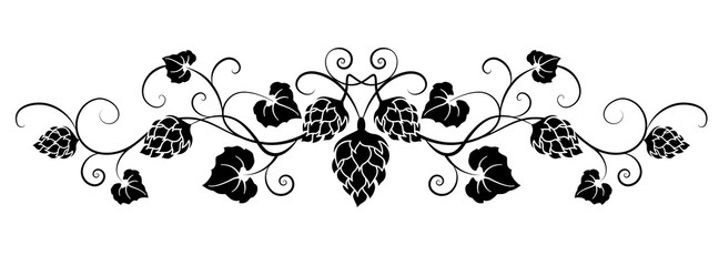 Black curly ornament with hop branches,  leaves and crown. Hop cones. Design element for brewery, beer festival, bar, pub . Vector illustration. 