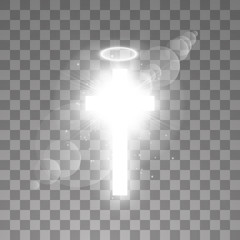 Shining white cross and white halo angel ring and sunlight special lens flare light effect on transparent background. Glowing saint cross. Vector illustration