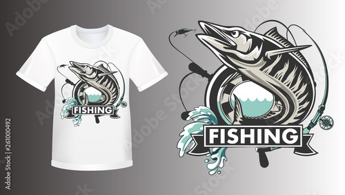 Download Wahoo Fish Shirt Mockup Fishing Logo Vector Acanthocybium Solandri Scombrid Fish Jumping Up Fishing Emblem On White Background Stock Vector Adobe Stock