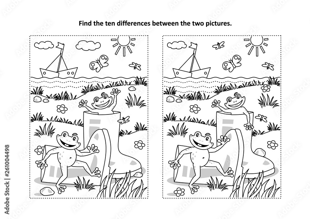 Summer joy themed find the ten differences picture puzzle and coloring ...